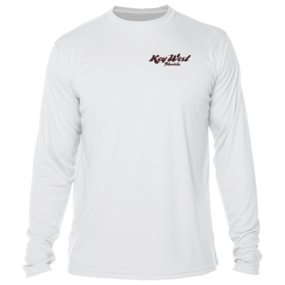 A white long-sleeve rash guard with a red logo.