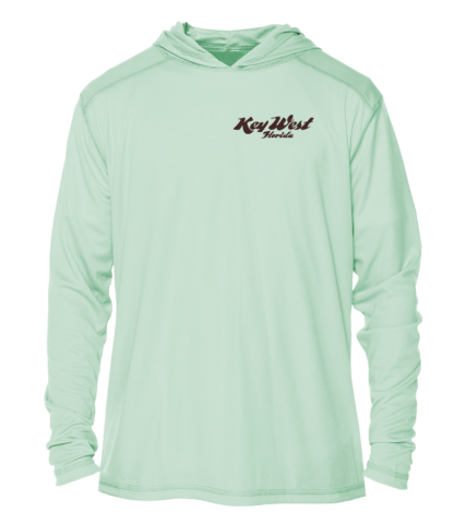 A mint green hoodie with a logo on it.