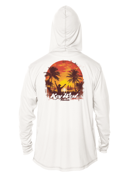 A white hoodie with an image of a sunset and palm trees, perfect as a sun shirt or swim shirt for protection.