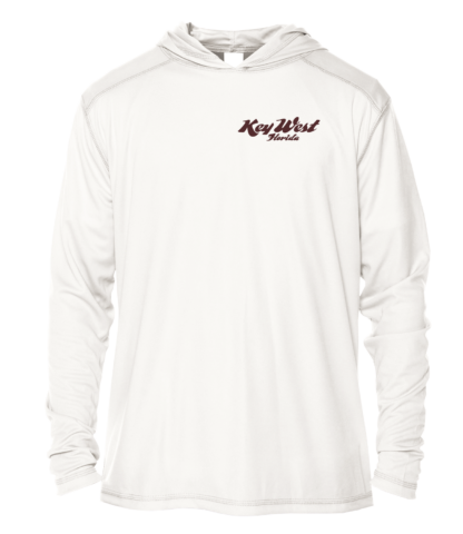 A white hoodie with a red logo on it, suitable for sun protective clothing.