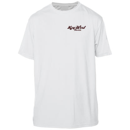 A white swim shirt with a red logo on it.