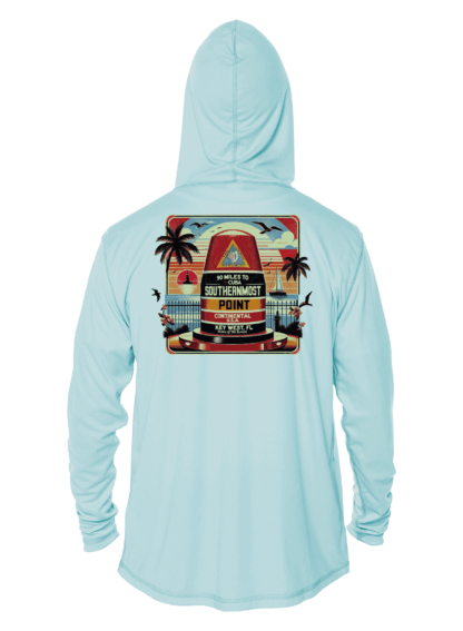 A light blue hoodie with an image of palm trees.