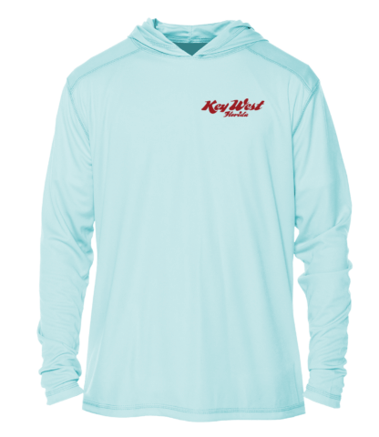 A light blue hoodie with a red logo on it that can also be used as sun protective clothing.