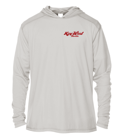 The men's grey hoodie with a red logo on it is a fashionable and comfortable upf clothing option.