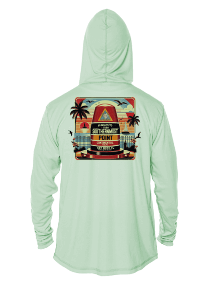 A mint green hoodie with an image of palm trees.
Keywords: sun protective clothing