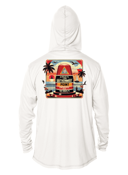 A white hoodie with an image of a beach and palm trees, perfect for sun protection.