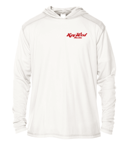 A white hoodie with a red logo on it, perfect as sun protective clothing.