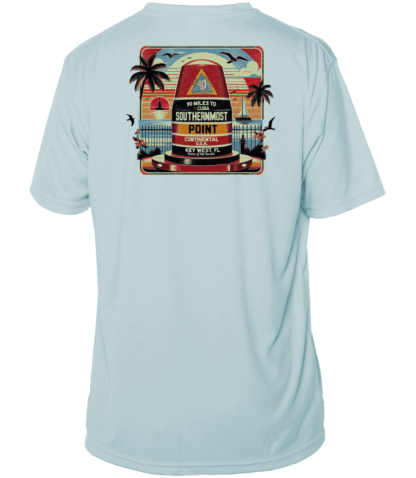 A light blue sun shirt with an image of palm trees.