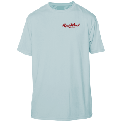 A light blue t-shirt with a red logo, designed for UV protection and UPF clothing.
