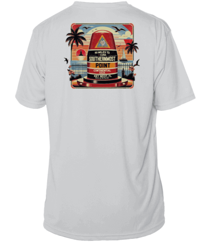 A white UPF clothing T-shirt with an image of a beach and palm trees.