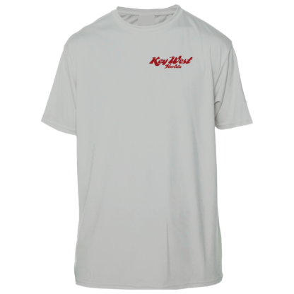 A white swim shirt with red lettering.