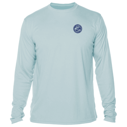 The men's light blue long sleeve t - shirt.