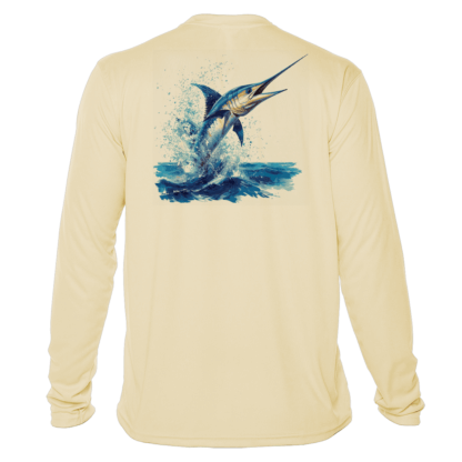 A men's long sleeve t - shirt with a marlin jumping out of the water.