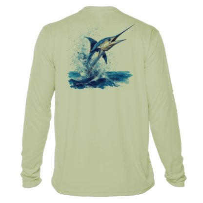 A men's long sleeve t - shirt with a marlin jumping out of the water.