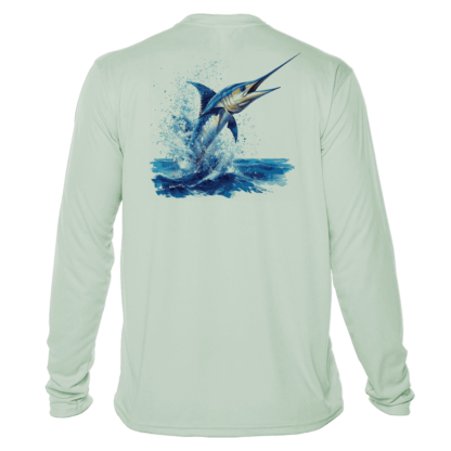 A men's long sleeve t - shirt with a marlin jumping out of the water.