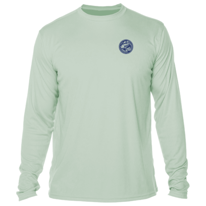 A men's green long sleeve t - shirt with a blue logo.