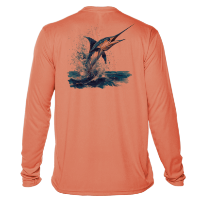 A men's orange long sleeve t - shirt with a marlin jumping out of the water.