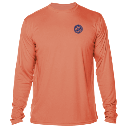 A men's orange long sleeve t - shirt with a blue logo.