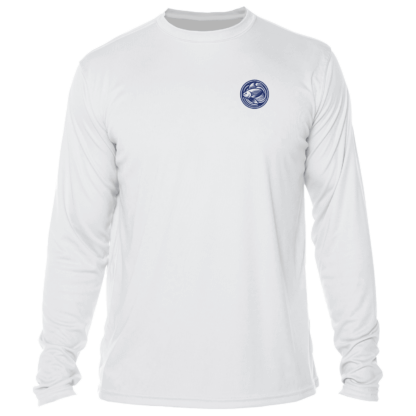 The men's white long sleeve t - shirt with a blue logo.