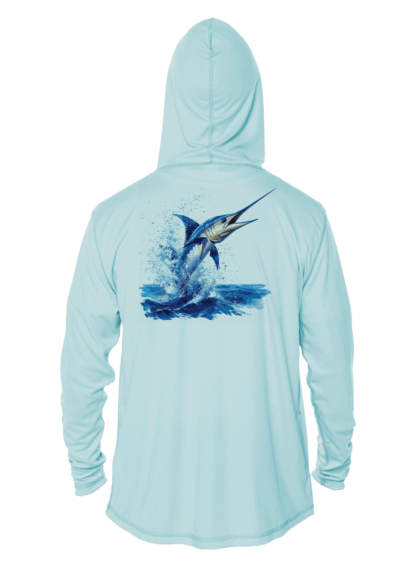 The men's marlin hoodie is blue with an image of a marlin jumping out of the water.