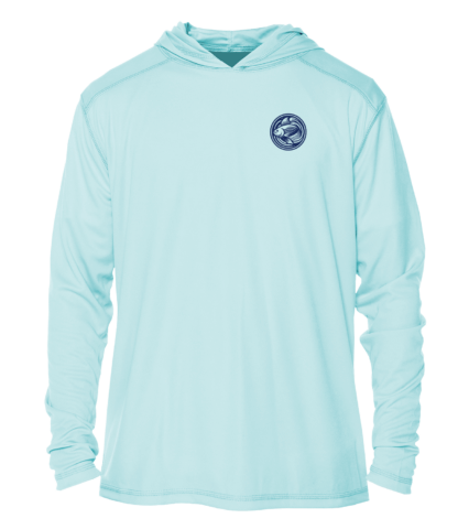 A men's blue hoodie with a logo on it.