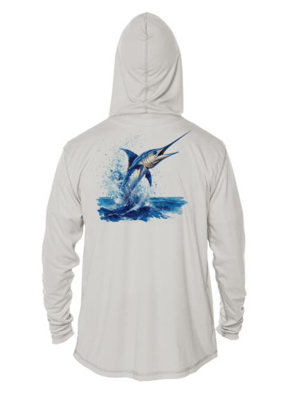 The Fishing Shirt Outfitters - Angler's Collection: Blue Marlin - UPF 50+ hoodie is white with a graphic of a marlin leaping out of the water.