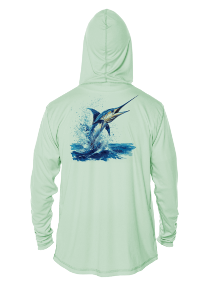 The men's marlin hoodie is a green performance shirt with an image of a marlin jumping out of the water.