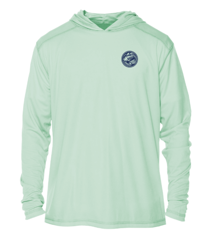 A men's green hoodie with a blue logo.