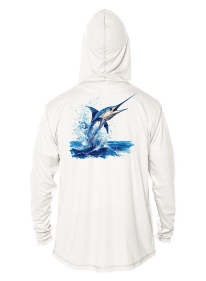 The men's marlin hoodie is a white sun shirt with an image of a marlin jumping out of the water.