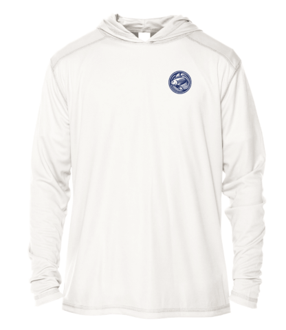A white hoodie with a blue logo, perfect for those looking for performance.
