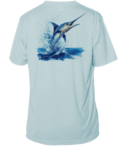 A men's blue marlin sun shirt with a marlin jumping out of the water.