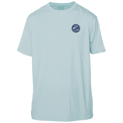 A light blue fishing shirt with a logo on the front.