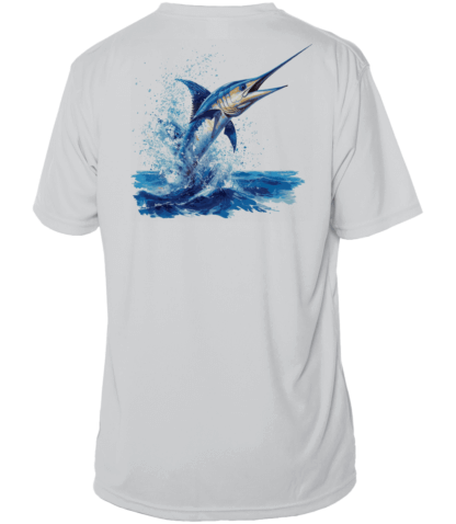 The men's marlin fishing solar shirt features an image of a marlin jumping out of the water on a white background.