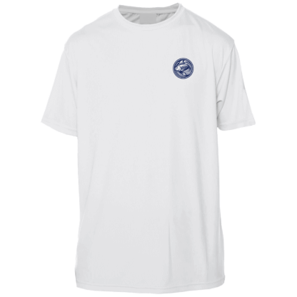 A white t-shirt with a blue logo, perfect for fishing or as a performance shirt.