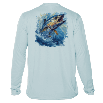 A men's long sleeve performance shirt with an image of a fish jumping out of the water.