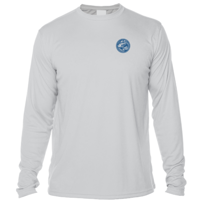 The men's grey long sleeve performance t-shirt with a blue logo.