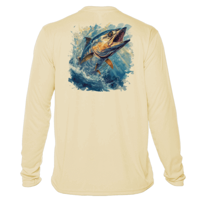 A Fishing Shirt Outfitters - Angler's Collection: King Mackerel - UPF 50+ Long Sleeve with an image of a fish jumping out of the water.