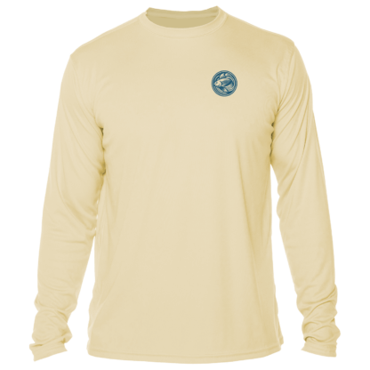 Men's beige long sleeve t-shirt featuring a blue logo.
