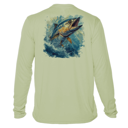 A men's long sleeve UV shirt with an image of a fish jumping out of the water.