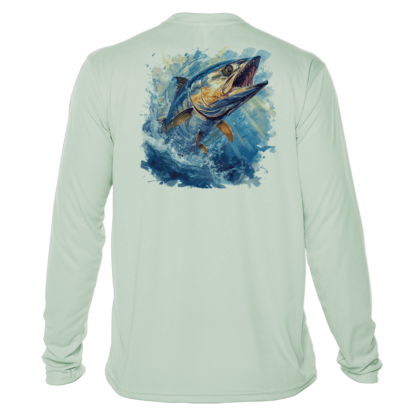 A men's long sleeve fishing shirt with an image of a fish jumping out of the water.