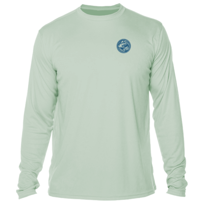 A men's green long sleeve t-shirt with a blue logo, perfect for outdoor activities.