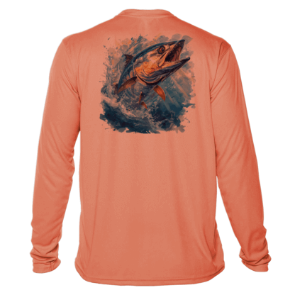 A men's orange long sleeve fishing shirt with an image of a fish.