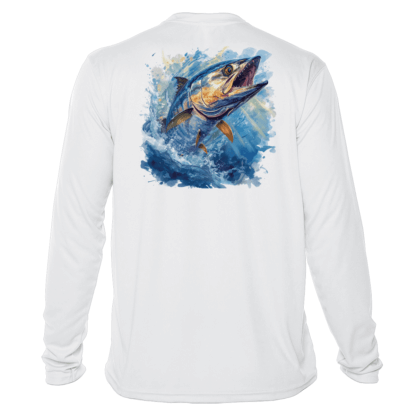 A white long-sleeve performance shirt featuring an image of a blue marlin.