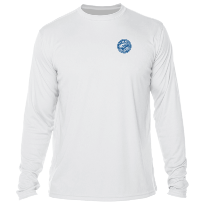 The men's white long sleeve t-shirt with a blue logo is a UV shirt that offers both style and protection.