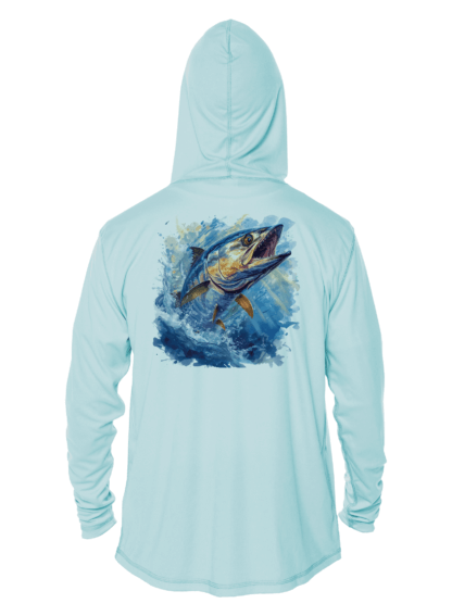 A blue hoodie depicting a fish leaping out of the water.