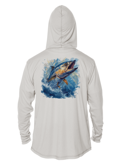A Fishing Shirt Outfitters - Angler's Collection: King Mackerel - UPF 50+ Hoodie featuring an image of a fish leaping out of the water.