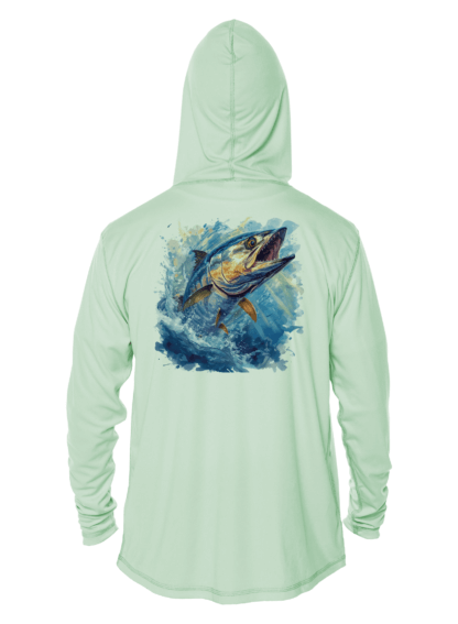 A men's hoodie featuring a fish jumping out of the water.