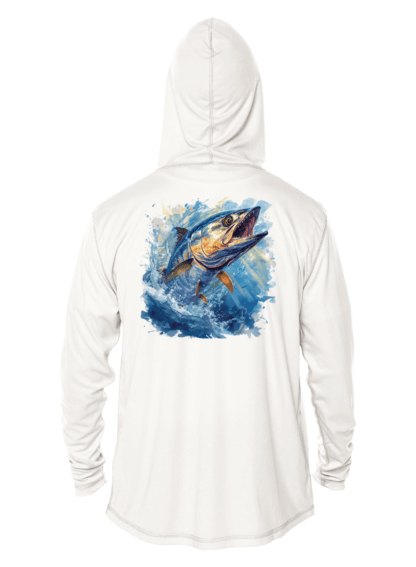 A white hoodie with an image of a fish jumping out of the water, perfect for sun protection.