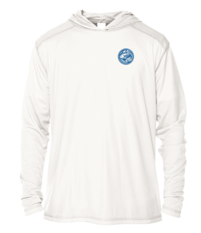 A white hoodie with a blue logo on it.