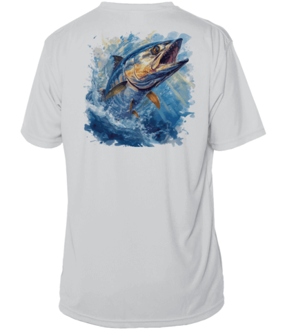 A white fishing shirt with an image of a blue marlin.